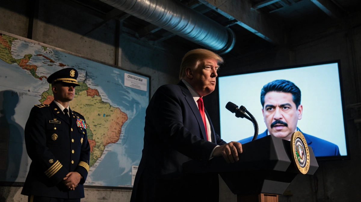 President Trump stands podium with map of Venezuela behind Maduro