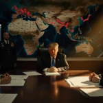 Trump sits at desk with military leaders and Iran map showing red target markers