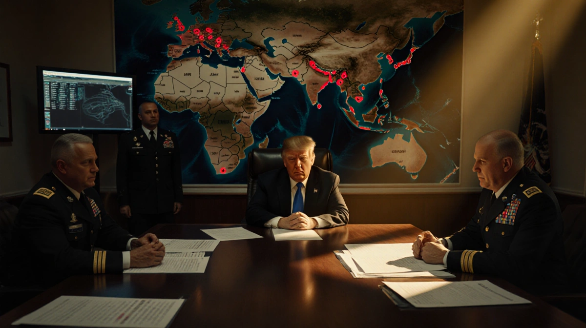 Trump sits at desk with military leaders and Iran map showing red target markers