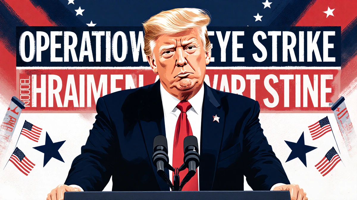 President Trump speaking at podium with Operation Hawkeye Strike headline and American flags behind him