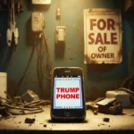 Worn smartphone showing Trump Phone logo on cracked screen with faded sale poster and tangled wires behind workbench
