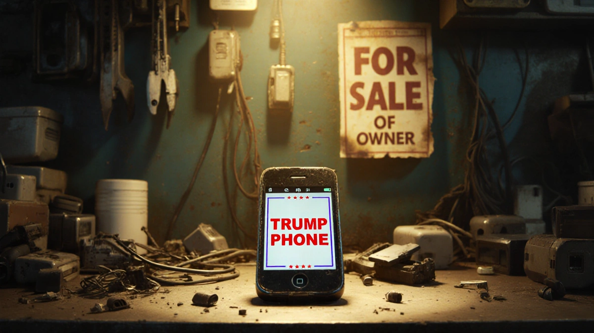 Worn smartphone showing Trump Phone logo on cracked screen with faded sale poster and tangled wires behind workbench