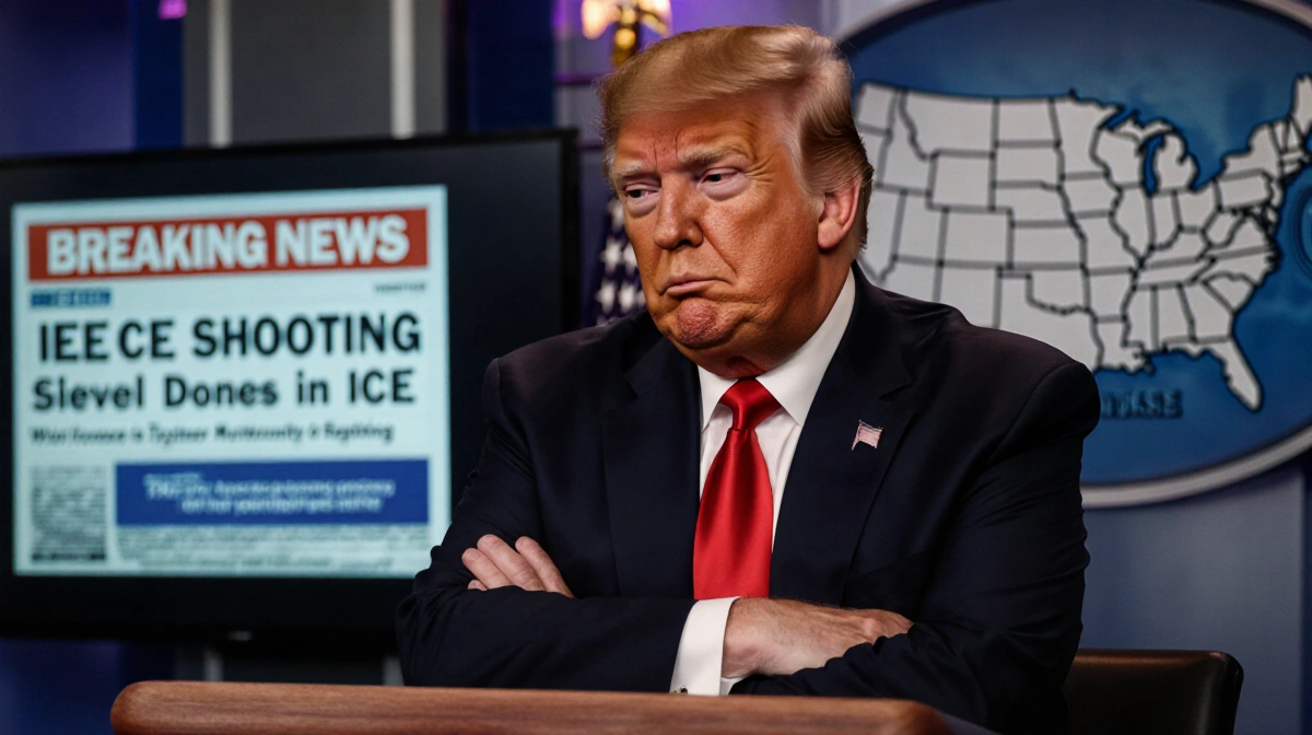 Donald Trump sits at a podium arms crossed as a newspaper headline about the ICE shooting flashes and a map looms behind.