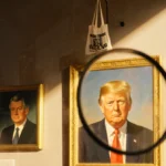 Empty portrait frame hangs on gallery wall with magnifying glass hovering where Trump