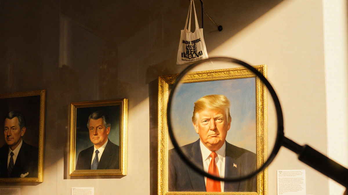 Empty portrait frame hangs on gallery wall with magnifying glass hovering where Trump
