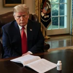 President Trump sits in a chair with his left arm on a table showing a folded US flag and a CT scan near the Oval Office.