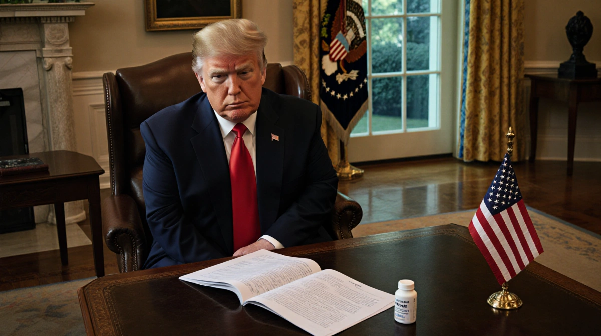President Trump sits in a chair with his left arm on a table showing a folded US flag and a CT scan near the Oval Office.