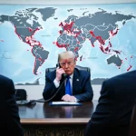 President Trump speaking intensely on phone with concerned GOP senators at Oval Office desk and world map showing conflict zo
