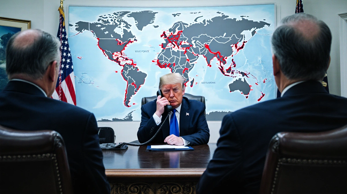 President Trump speaking intensely on phone with concerned GOP senators at Oval Office desk and world map showing conflict zo
