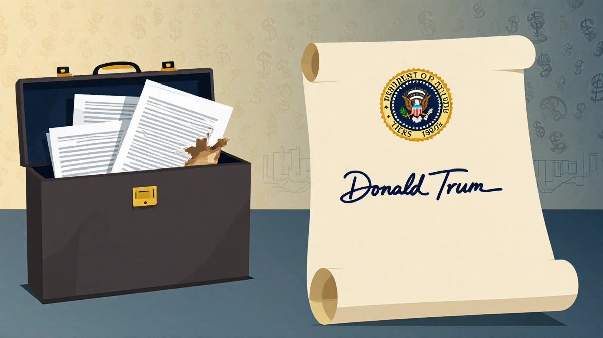 Scroll displays Trump signature with golden DT seal above and money symbols in background.