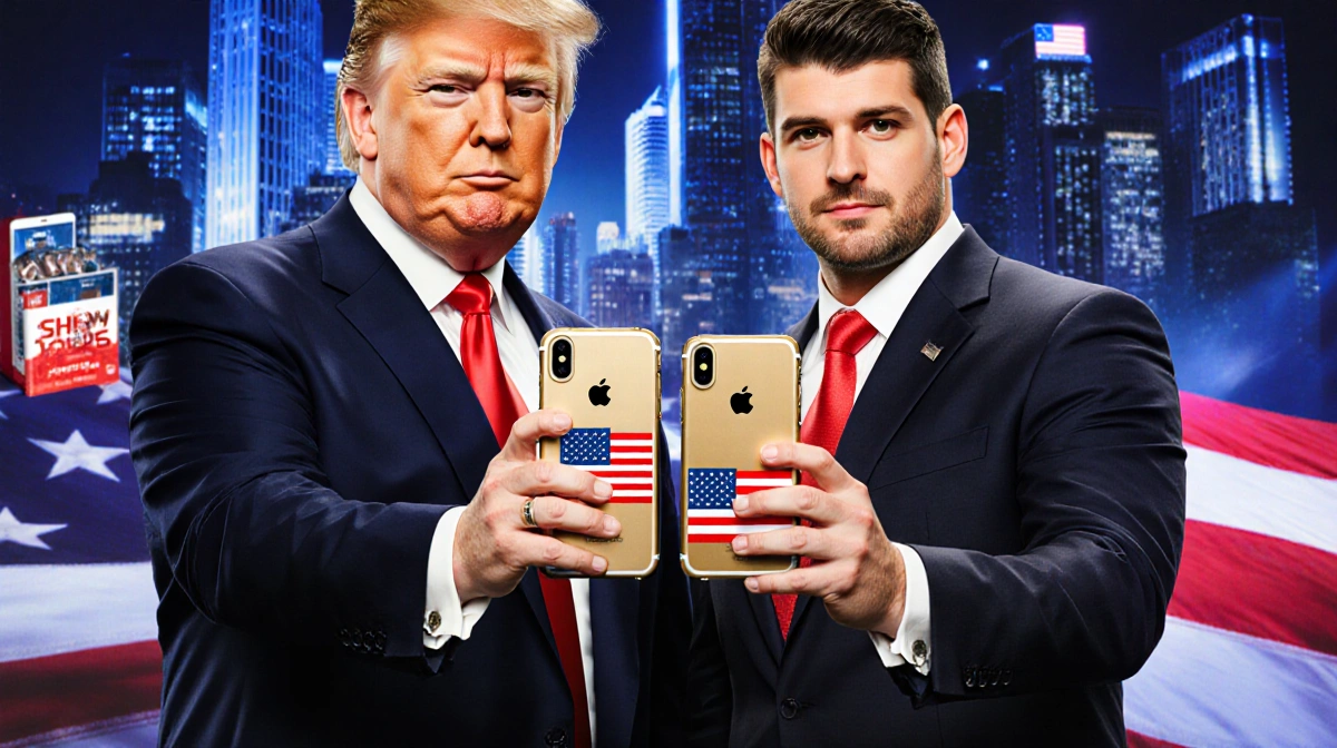 Donald Trump Jr and Eric Trump holding gold phones with American flag cases and conservative mobile branding