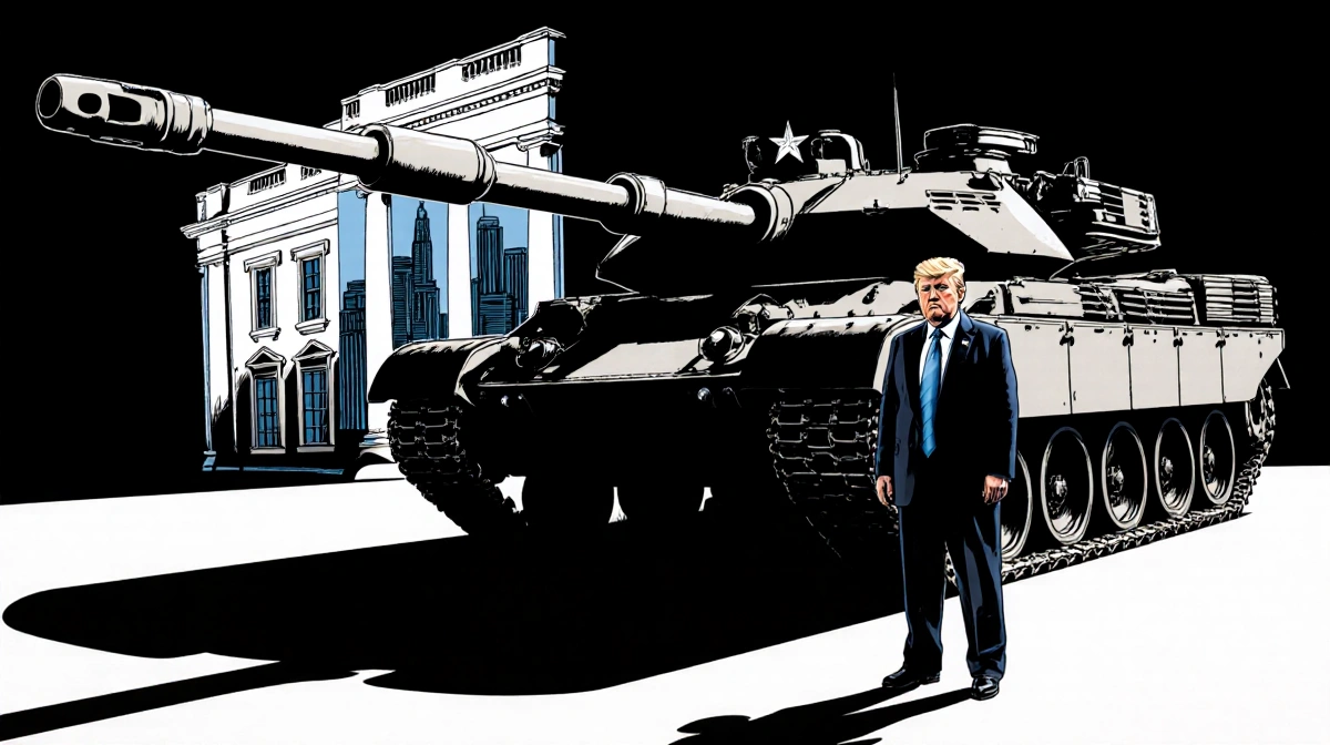 Trump stands beside military tank with White House in background and Minneapolis skyline visible
