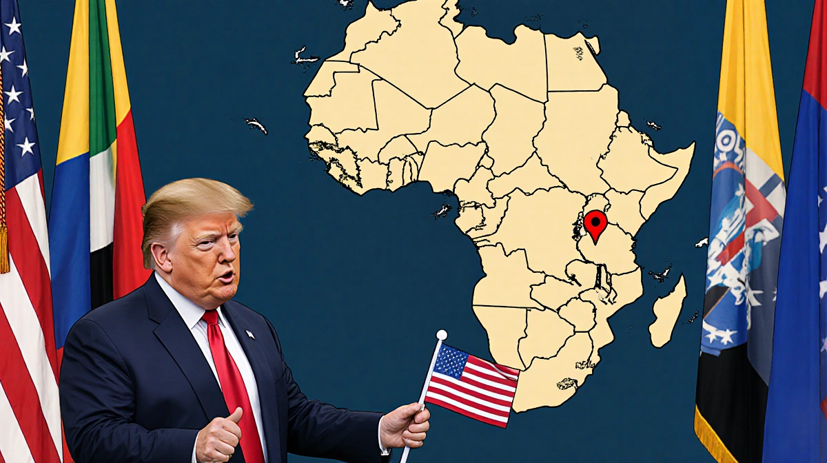 Trump stands confidently before Venezuela map with red marker on oil fields while holding American flag
