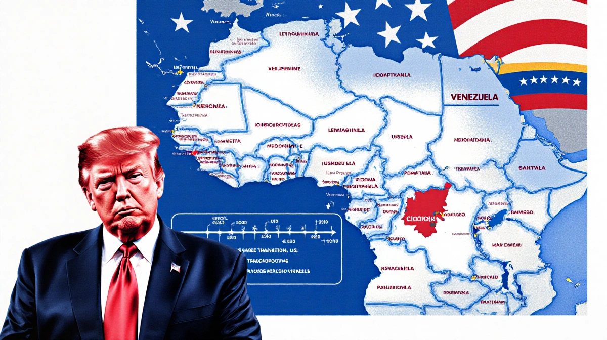 President Donald Trump standing before a Venezuela map with the U.S. flag behind and a transition timeline in the background.