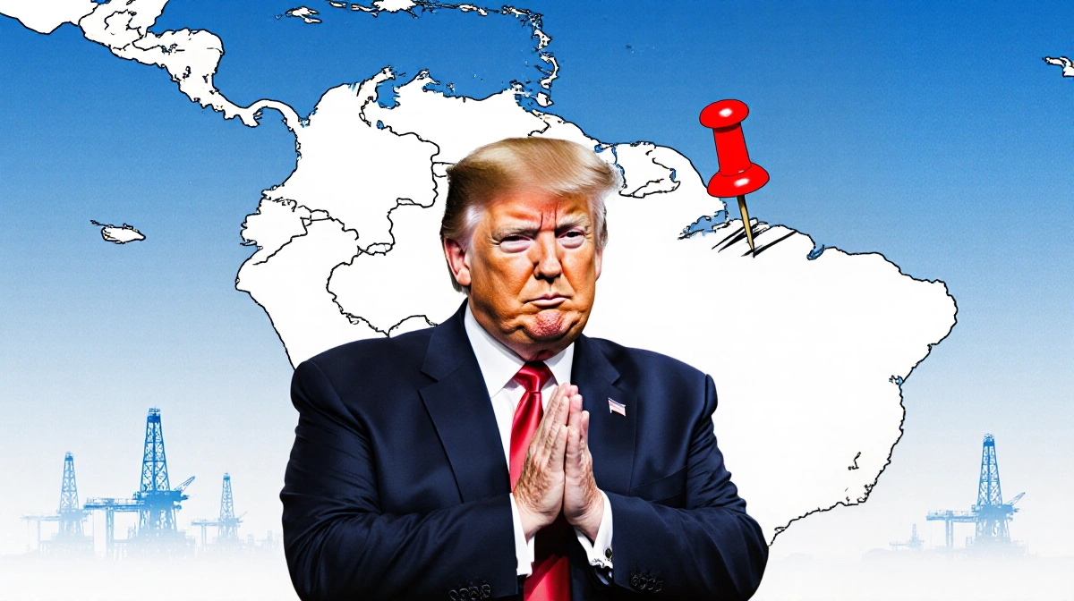 President Trump holding a red pushpin near Venezuela on a South America map with oil rigs in background