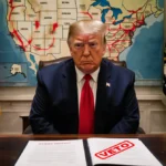 President Trump sits and rejects two bills with a VETO stamp a map of Colorado-Florida showing pipeline routes hangs behind.