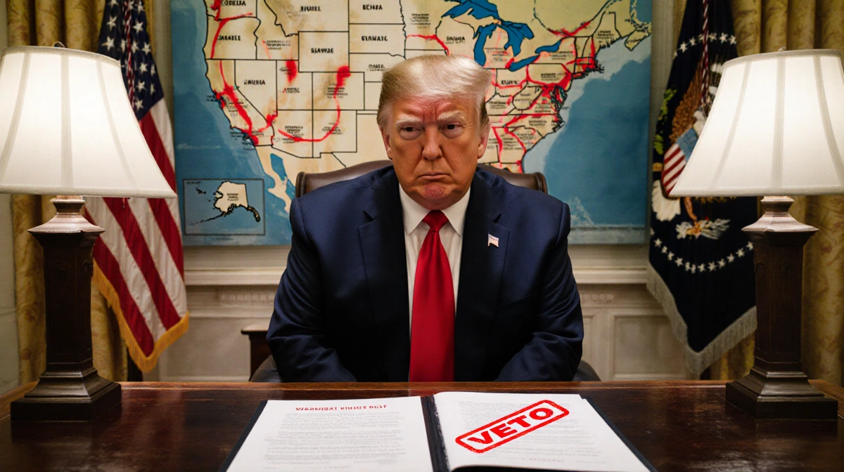President Trump sits and rejects two bills with a VETO stamp a map of Colorado-Florida showing pipeline routes hangs behind.