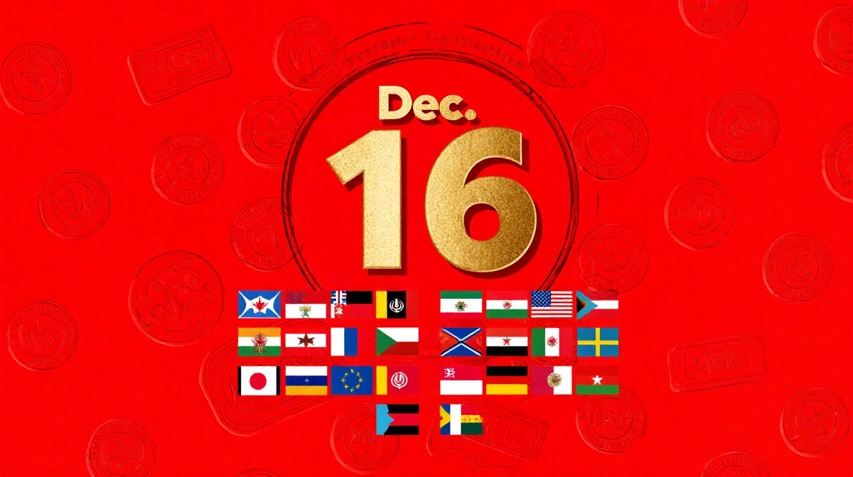 Golden Dec 16 circles above muted country flags with swirling visa stamp patterns on red background