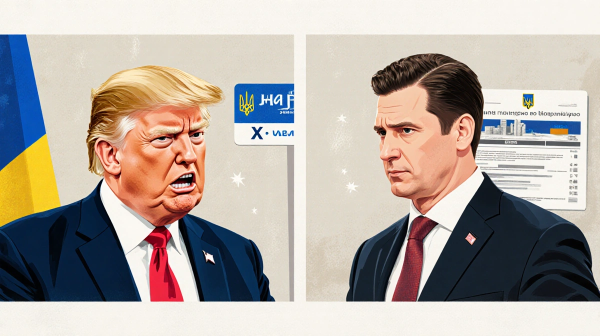 Trump and Zelenskyy converse in split-screen with Trump frowning and Zelenskyy holding an X logo phone next to Valdai placard