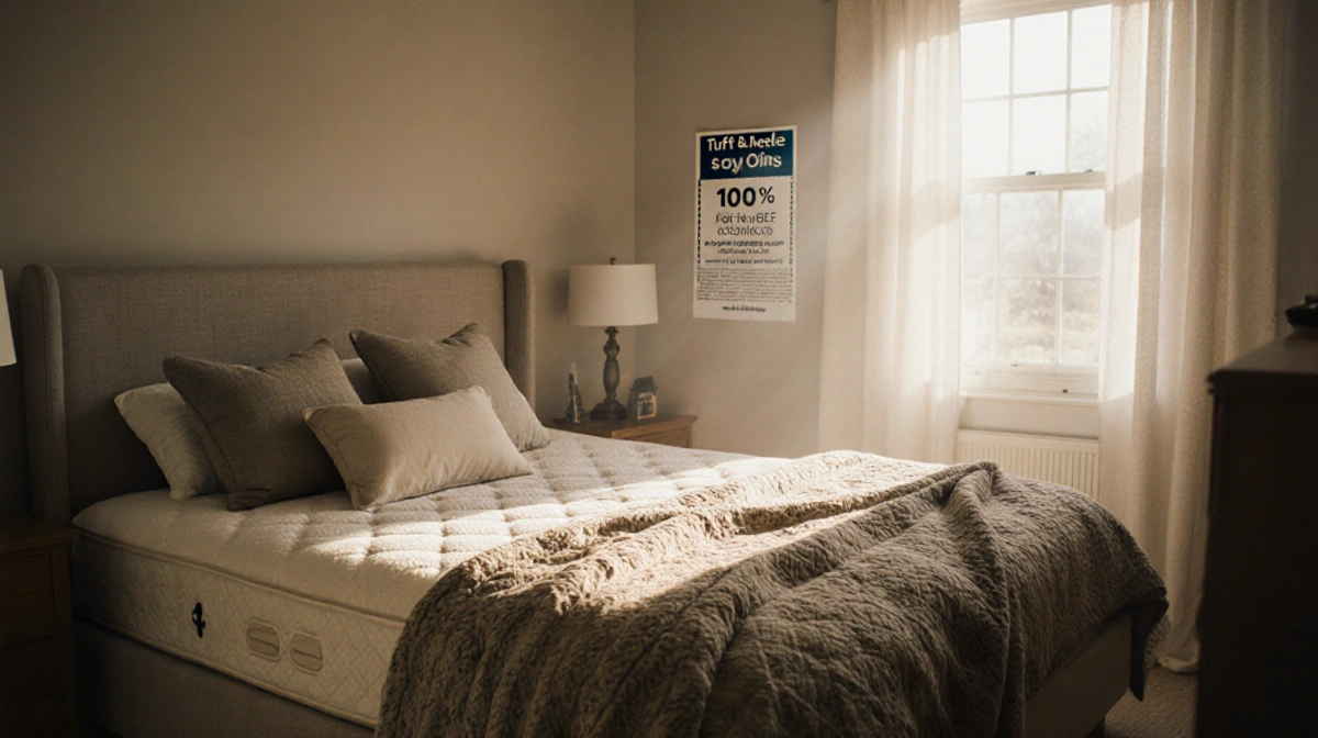 Tuft & Needle mattress sits on bed with cozy quilt and pillows in soft morning light