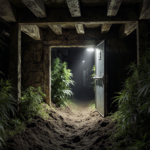 Dim tunnel mouth opens into shadowed passage with faint light and hidden bunker door revealing marijuana plants