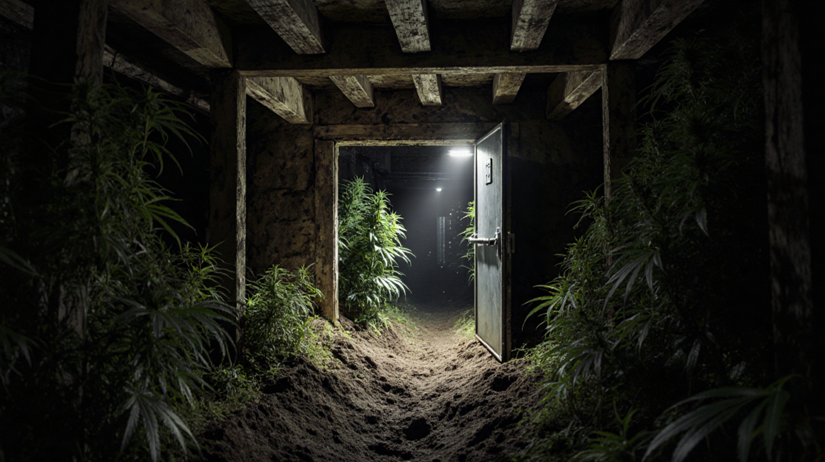 Dim tunnel mouth opens into shadowed passage with faint light and hidden bunker door revealing marijuana plants