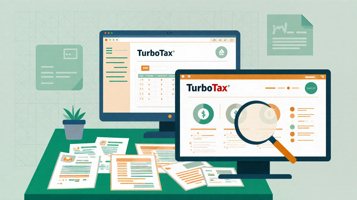 Desktop computer displays TurboTax interface with magnifying glass hovering over receipts table and grid background hinting d