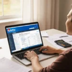 Person filing taxes at a tidy desk with a laptop showing TurboTax and natural light illuminating the scene