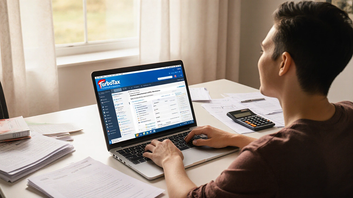 Person filing taxes at a tidy desk with a laptop showing TurboTax and natural light illuminating the scene