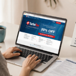Person typing on laptop with TurboTax 20% discount screen and calendar showing February 28 deadline while coffee steams