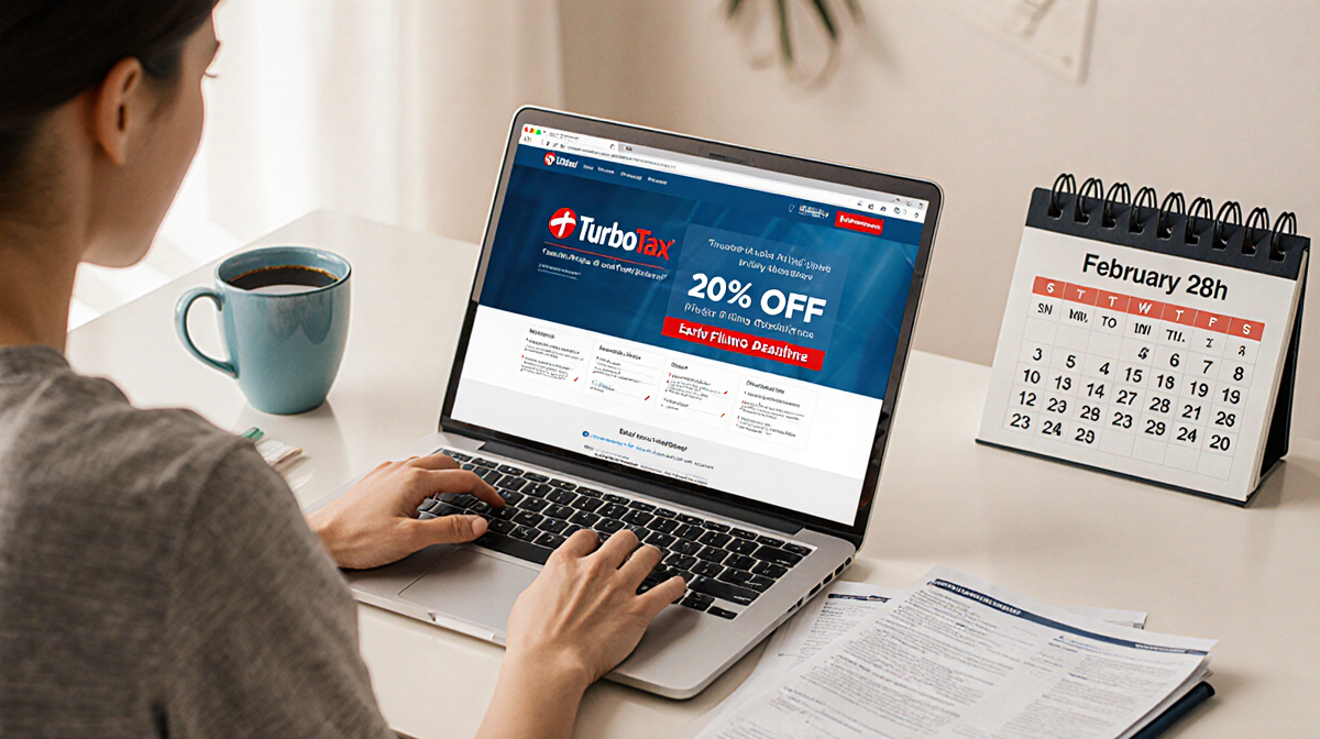 Person typing on laptop with TurboTax 20% discount screen and calendar showing February 28 deadline while coffee steams