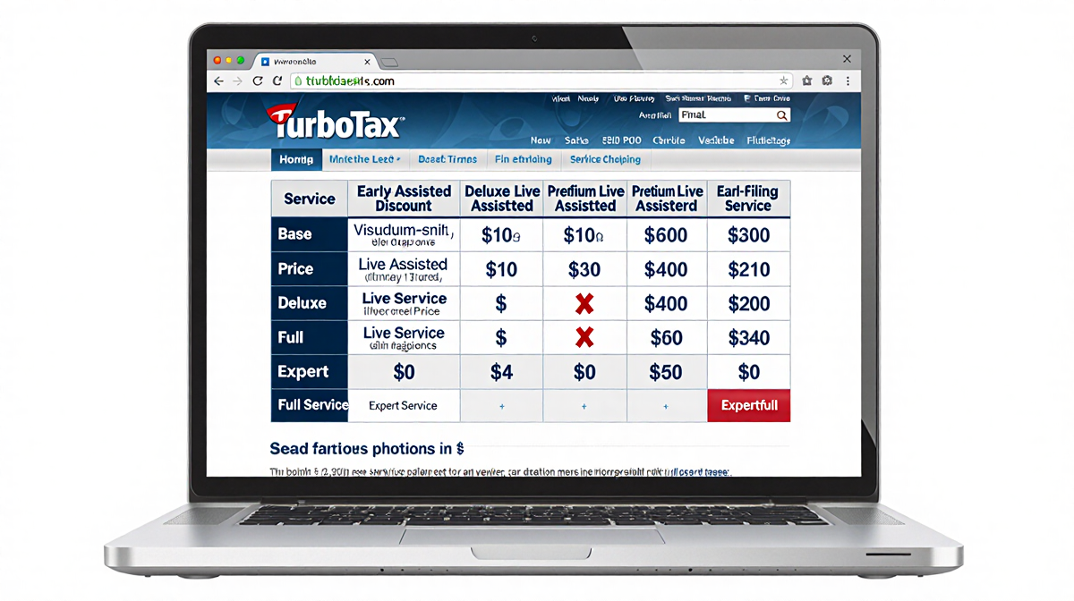 Laptop on table opens TurboTax site with a blue gray tax filing table showing service prices and discount indicators