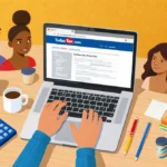 Person filing taxes online with laptop at desk and calculator nearby on warm yellow background