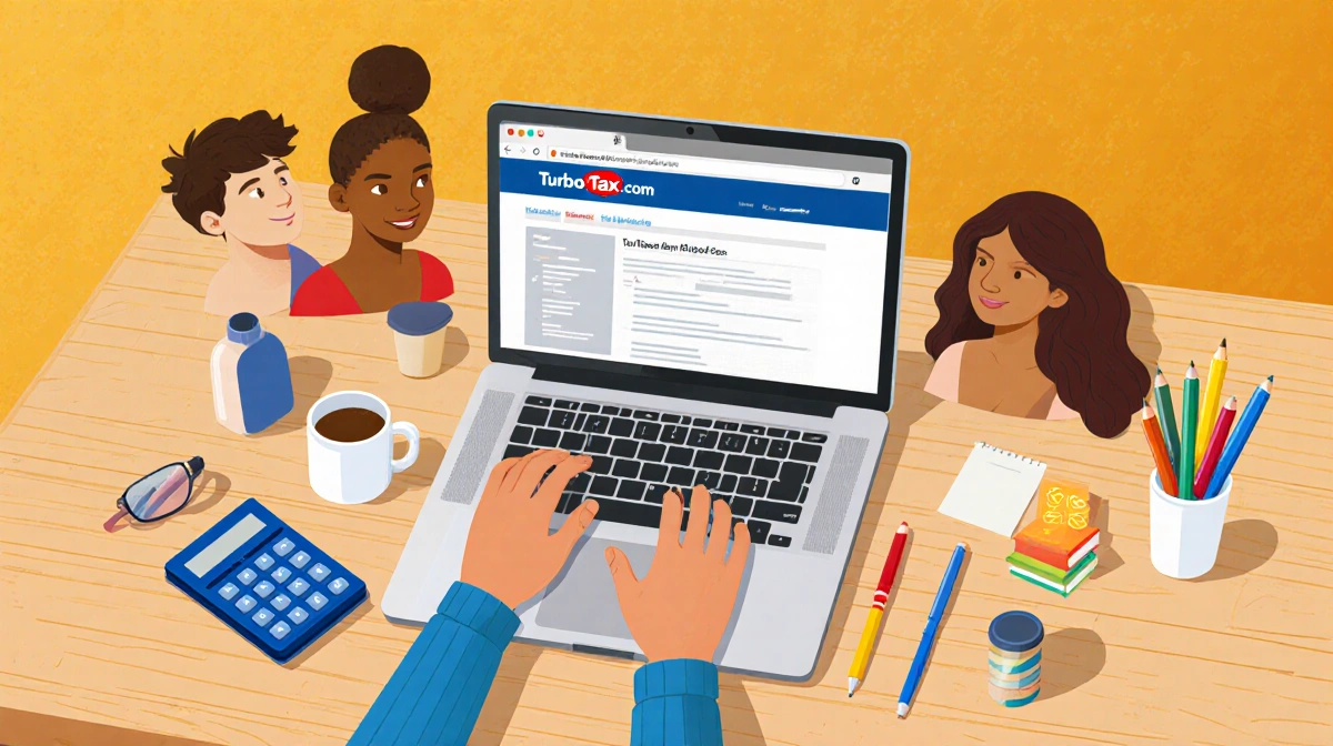 Person filing taxes online with laptop at desk and calculator nearby on warm yellow background