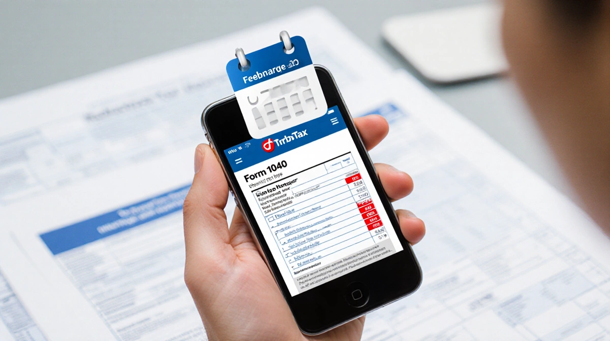 Person holding iPhone with TurboTax app showing Form 1040 and February 28 deadline with filing documents nearby
