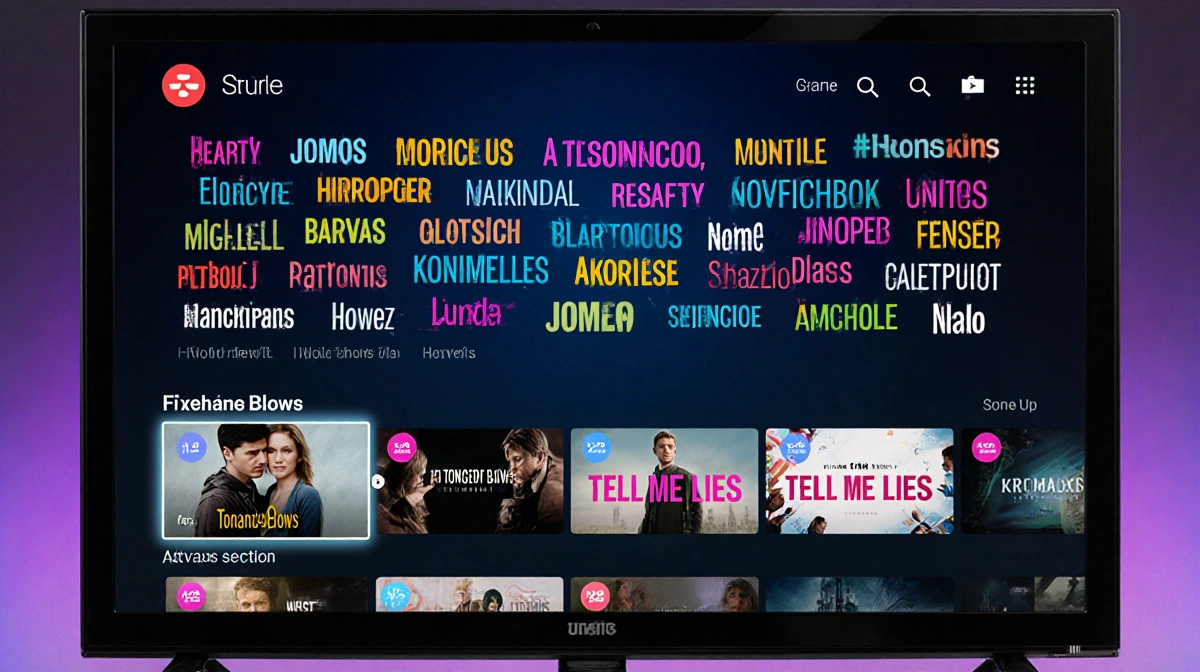 Television screen scrolling colorful TV show titles with dark blue purple gradient background