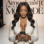 Tyra Banks reviewing her phone with a vintage runway backdrop and blurred cityscape behind.