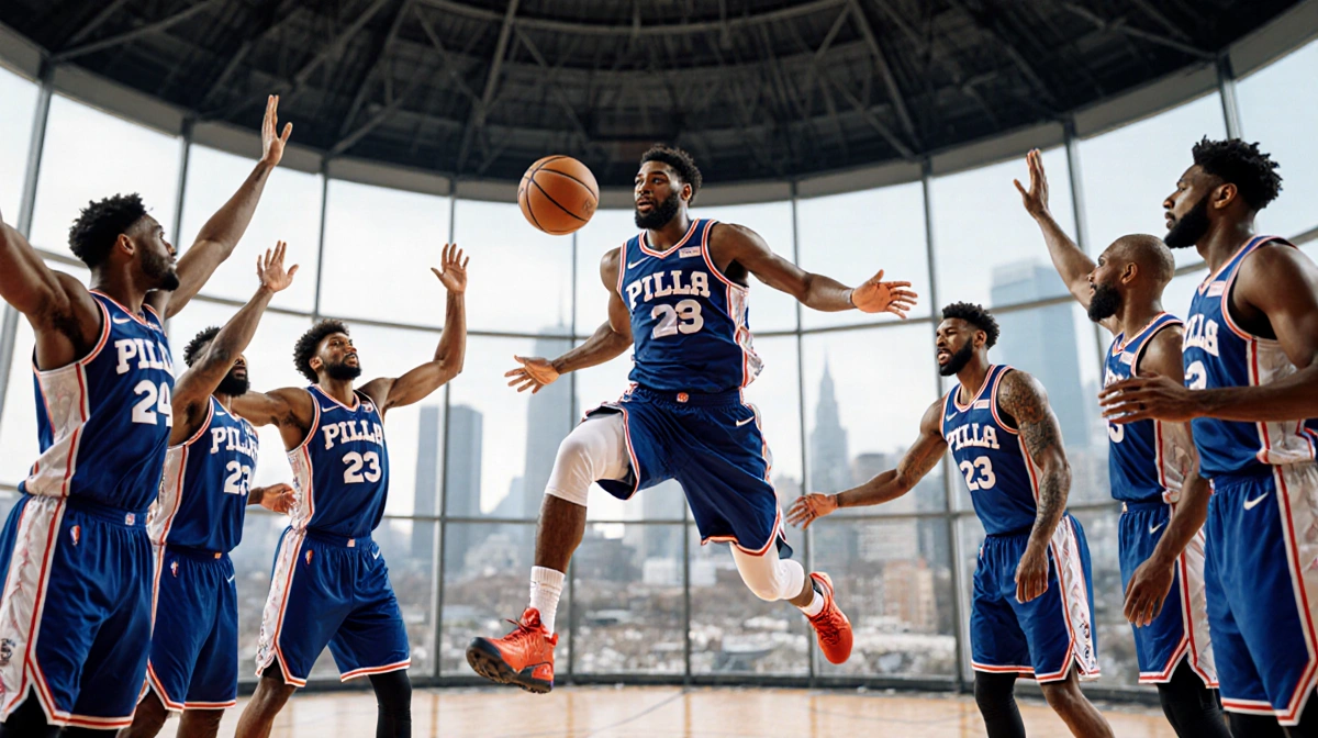 Tyrese Maxey dribbling basketball mid-air with teammates Joel Embiid cheering beside Philly skyline