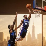 Tyrese Maxey shooting over a Dallas defender with a Philadelphia 76ers jersey and city skyline in the arena background.