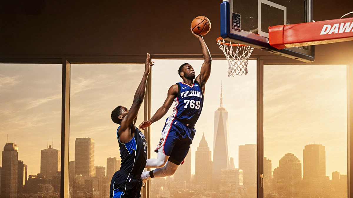 Tyrese Maxey shooting over a Dallas defender with a Philadelphia 76ers jersey and city skyline in the arena background.