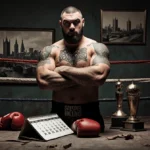 Tyson Fury stands confidently before an old weathered boxing ring with London skyline behind ropes and his iconic Gypsy King