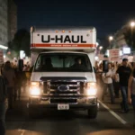 U-Haul truck driving through crowded Los Angeles protest with demonstrators showing concern and dark sky above