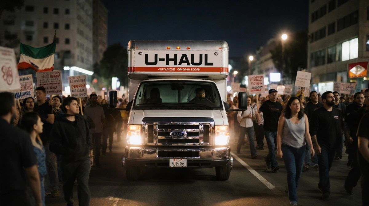 U-Haul truck driving through crowded Los Angeles protest with demonstrators showing concern and dark sky above