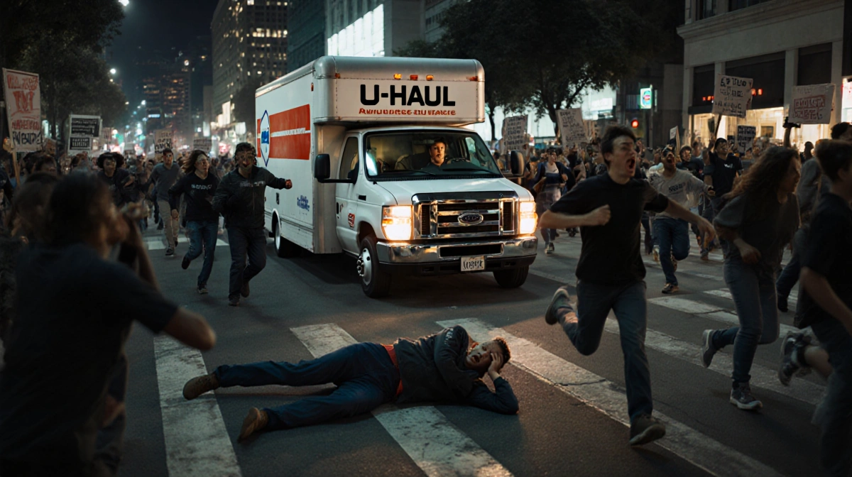 U-Haul truck drives through protest crowd with injured protester on ground and people running in panic