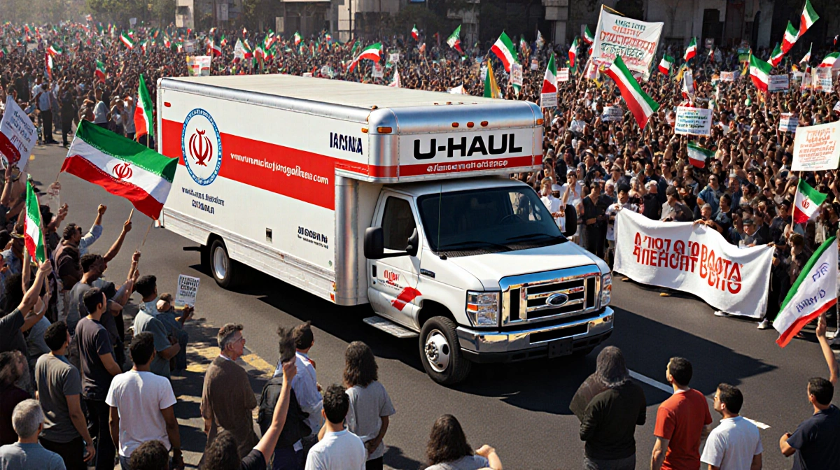 U-Haul truck with open cargo door stands in crowded protest with Iranian flags and demonstrators marching behind