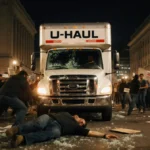 U-Haul truck drives through protesters with demonstrator on ground and Free Iran sign visible