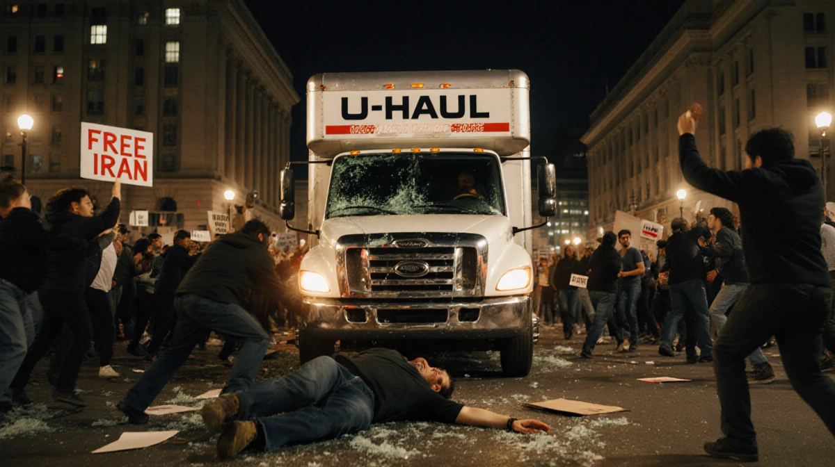 U-Haul truck drives through protesters with demonstrator on ground and Free Iran sign visible