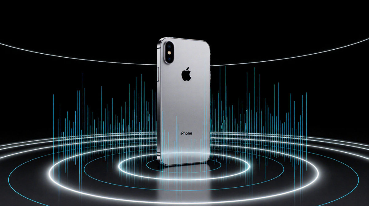 iPhone radiating Ultra Wideband signals with concentric blue rings and pulsing lines