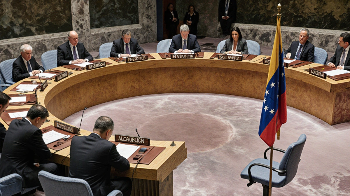 UN Security Council members bowing at a table with a limp flag and an empty chair showing absent reps