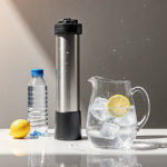 Pitcher glows with warm light with ice and lemon garnish on white countertop beside water filter system